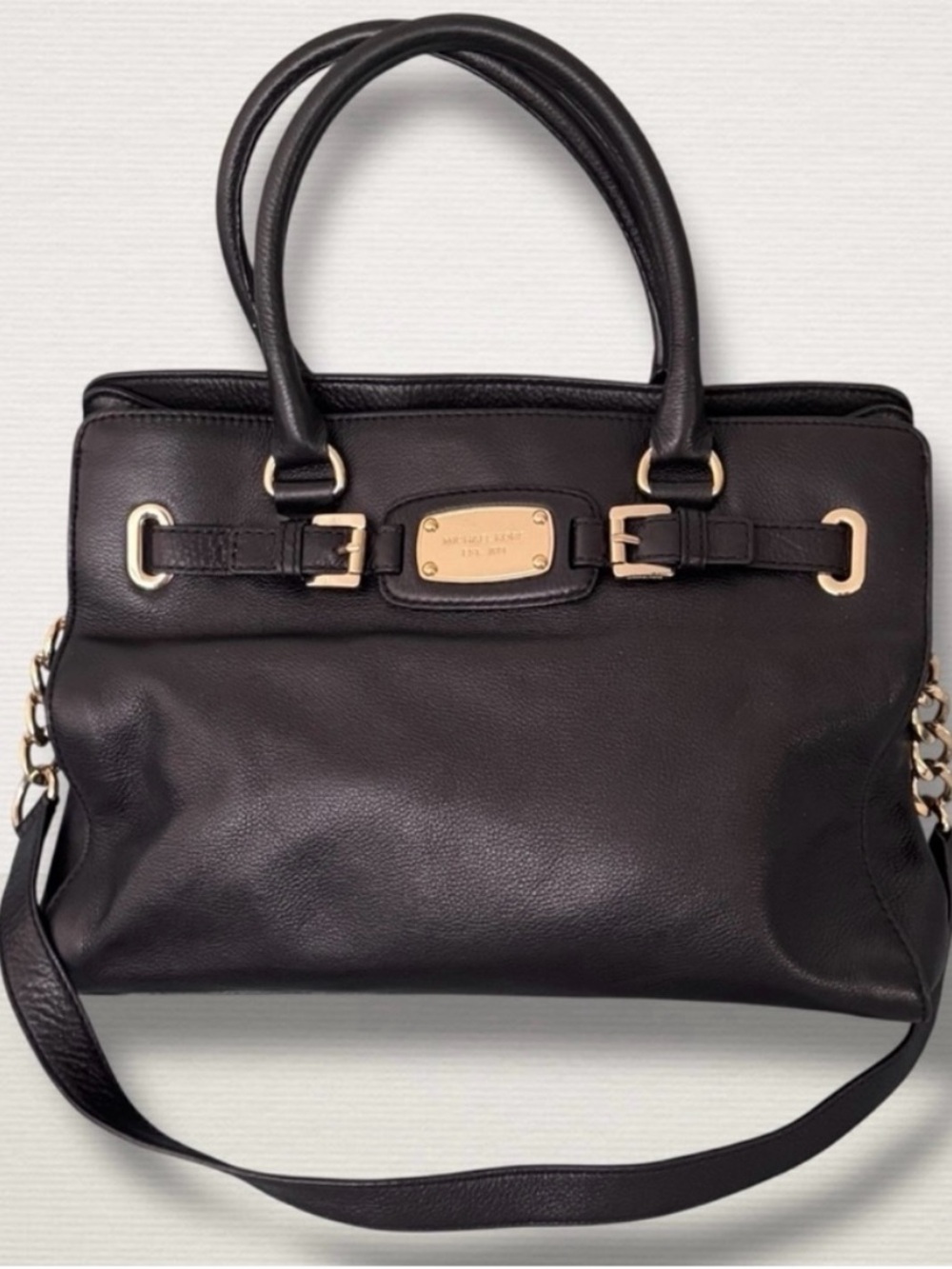 Michael Kors Hamilton Black Leather Satchel with Gold-Tone Hardware